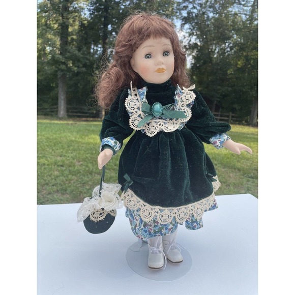 Vintage 15” Ashley Belle Victorian Style Doll Porcelain Curly Hair Emerald Dress - Picture 1 of 12